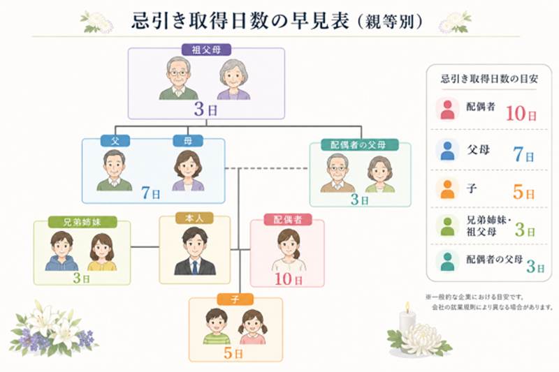 忌引き取得日数の早見表(親等別)の画像